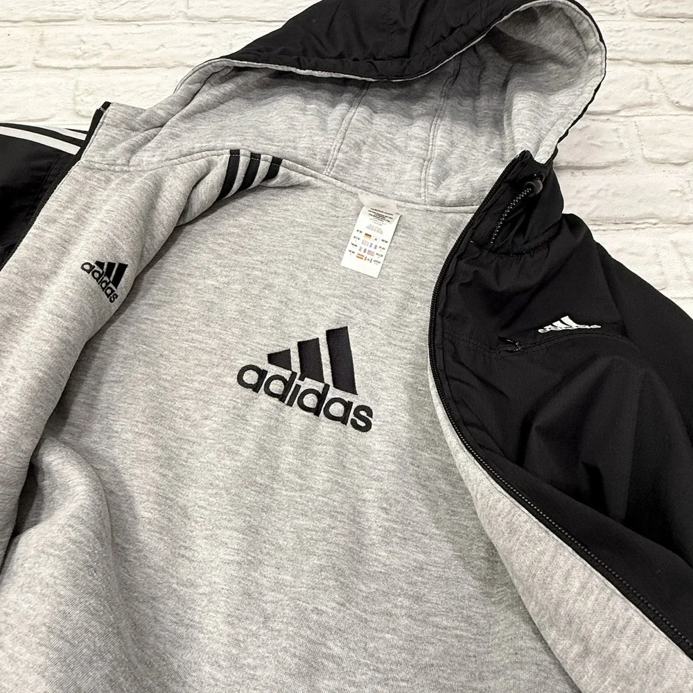 Vtg Adidas Men's M/L Black Gray Reversible Jacket 3 Stripe Logo Hooded Coat 90's